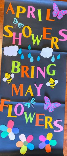 "When spring comes, there are so many changes that are seen by eyes and felt in nature and people's spirit. One of the most beautiful sides of spring is the flowers that blooms everywhere after April showers. What is included in this package? - 3 flowers - 2 dragonflies - 2 butterflies - 2 bees - 2 small clouds - Rainy drops (8) - 27 Letters with the message: \"April showers bring May flowers\" ( each letter size is 5 x4) All the pieces are made out of card stock, high quality, heavyweight and s April Showers Bring May Flowers Door, April Showers Bulletin Board, April Showers Bring May Flowers Bulletin, Spring Teacher Door Ideas, April Door Decorations Classroom, Spring Preschool Door Ideas, Spring Decorations Kindergarten, Door Decorations Classroom Spring, Spring Door Decorations Classroom