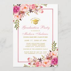 an elegant floral graduation party card with pink flowers and greenery on the front, in white