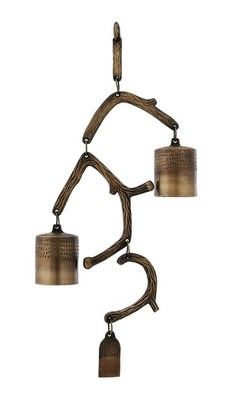 three hanging lights made out of branches with bells on each end and one light attached to the