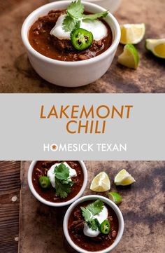 three bowls filled with chili and topped with sour cream, cilantro, jalapenos