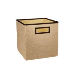 a beige storage box with brown trimming