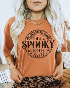 Looking for the perfect t-shirt to wear on Halloween? Look no further than our Comfort Colors Spooky season shirt! This shirt is sure to make you the life of the party, and will have everyone laughing. Not to mention, it's a great gift for any Halloween fan!  Comes in multiple colors! ✨️SIZE AND FIT: Your shirt will be printed on a high-quality, soft and comfortable unisex t-shirt. Sizes run true to size, which takes the guesswork out of ordering. If you like your t-shirts loose or oversized - s Fall Mom Shirt, Fall Clothing Ideas For Women, Fall T Shirt Design Ideas Svg, Witchy Letter Print T-shirt For Fall, Fall Witchy Crew Neck T-shirt, Witchy Crew Neck T-shirt For Fall, Trendy Halloween T-shirt With Text Print, Witchy Cotton T-shirt For Fall, Fall Witchy Graphic Print T-shirt