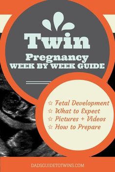 two circles with the words twin pregnancy week by week guide on them and an orange background