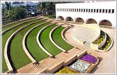 an aerial view of the amphit and gardens