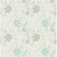 a floral wallpaper with green and blue flowers on white background, in shades of gray