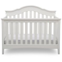 a white baby crib with no sheets on the top and bottom rails, in front of a white background