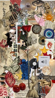 a collage of various items including an apple, clock and other things in the shape of a heart