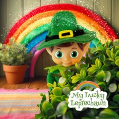 a potted plant with a rainbow in the background and a cartoon leprechaun standing next to it