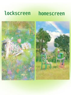 there are two pictures one is green and the other is blue, with an image of a person sitting on a chair