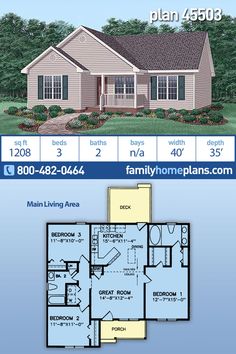 two story house plan with 3 bedroom and 2 bathrooms in the front, an open floor plan