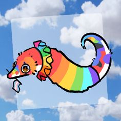 a rainbow colored animal flying through the air with clouds in the backgroung