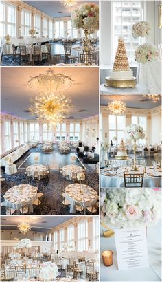 a collage of photos showing different types of tables and chairs in a banquet hall