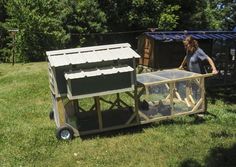 a woman standing next to a chicken coop on top of a grass covered field with trees in the background