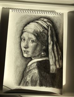 a pencil drawing of a girl with a pearl earring and a scarf on her head