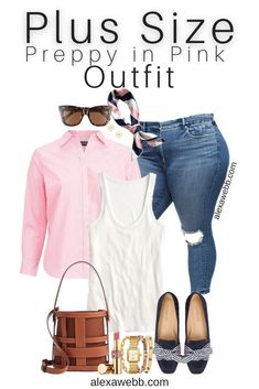 Plus Size Preppy in Pink Outfit - Plus Size Stripe Button Down with Jeans, Navy Loafers, Bucket Bag, and Hair Scarf - Alexa Webb Classic Preppy Plus Size, Plus Size Preppy Outfits, Preppy Plus Size, Plus Size Preppy, Preppy Clothing Brands, Pink Top Outfit, Thrifty Style, Apple Shape Outfits