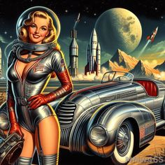 a painting of a woman in a space suit standing next to an old fashioned car