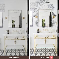 before and after photos of a white bathroom with gold accents on the vanity, mirror above sink