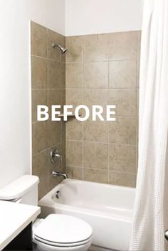 before and after photos of a bathroom remodel with tile walls, tub, shower curtain, and toilet