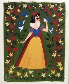 a painting of snow white surrounded by flowers and birds