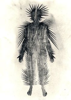 a drawing of a man with palm leaves on his body