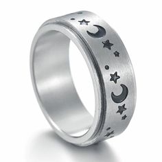 High Quality Custom 8mm Stainless Steel Moon and Star Spinner Ring FREE ENGRAVING inside only 1 line up to 30 charactersProduct details:Material: Stainless SteelRing Sizes: 6 to 13Width: 8mmFinish: BrushedComes with gift box 316L is the highest grade of stainless steel used in the jewelry market. It is so good at resisting fade, rust, and corrosion, that it is used in architecture as well as in marine environments. At the same time, it is safe to use for medical purposes inside the body. For thi Moon And Star Design, Engraved Promise Rings, Forever Gifts, Jewellery Marketing, Moon And Star, Stainless Steel Ring, Spinner Ring, Star Design, Spinner Rings