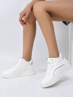 White Sporty Collar   Letter,Plain Skate Shoes Embellished  Fall,Spring/Fall,All Women Shoes Trendy Spring High-top Sneakers With Flat Heel, Trendy Flat Heel High-top Sneakers For Spring, Trendy Spring High-top Sneakers, Trendy Ankle-high High-top Sneakers For Spring, Casual Wedge Sneakers With Round Toe, White Lace-up Wedge Sneakers, Spring Synthetic High-top Sneakers With Round Toe, Casual Synthetic Wedge Sneakers With Flat Heel, Wedge Sneakers With Rubber Sole And Round Toe