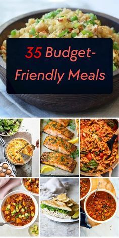 a collage of images with the words 35 budget - friendly meals on it, including fish and vegetables