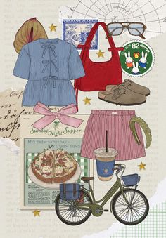 a collage of various items including a bicycle, hat, sunglasses and other things