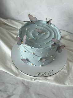 a blue cake with white frosting and butterflies on it