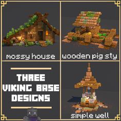 four different types of houses made out of wood and stone, with text that reads mossy house wooden pig city