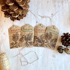 three tags with pine cones and twine on them sitting next to some christmas decorations