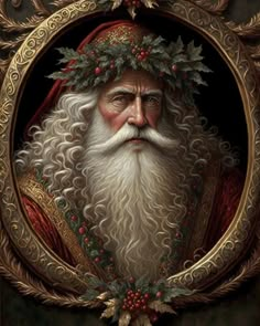 a painting of santa claus in a golden frame with holly wreaths on his head