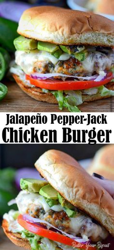 jalapeno pepper jack chicken burger with lettuce and tomatoes