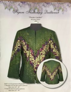 the front and back of a green jacket with flowers on it, in an open box