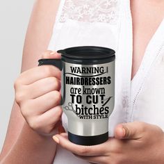 a woman holding a travel mug with the words, what day is it and where the hell am?