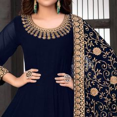 Make your casual looks more impressive with this blue colored anarkali suit. This beautiful designer suit is prettified with lovely embroidery work which makes it appear classy. The top is made of faux georgette accompanied with pure santoon inner and bottom, along with faux georgette dupatta. Women can buy this designer suit to wear for their parties, festivals, functions or engagement ceremonies and occasions. Team it with stylished accessories to make your looks more beautiful. This attractive anarkali will surely fetch you compliments for your rich sense of style. Note:- The actual product may differ slightly in color and design from the one illustrated in the images. Size Chart Size: Semi Stitched/Unstitched can be altered from maximum to minimum size based on size chart Blue Maxi Anarkali Set With Intricate Embroidery, Blue Maxi-length Anarkali Set With Intricate Embroidery, Blue Georgette Anarkali Set With Long Sleeves, Blue Long-sleeve Anarkali Set, Blue Churidar With Intricate Embroidery For Party, Anarkali Salwar Kameez With Embroidered Border In Georgette, Fitted Blue Anarkali Set With Embroidered Border, Blue Churidar With Intricate Embroidery In Georgette, Fitted Georgette Anarkali Set With Embroidered Border