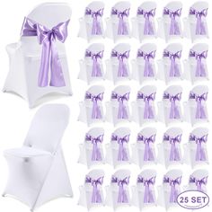 white folding chairs with purple sashes and bows for wedding ceremony decoration, set of 25