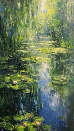 an oil painting of water lilies and trees