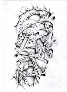 a drawing of a face with gears and chains on it's side, in black ink