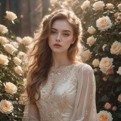 a woman standing in front of roses with long hair