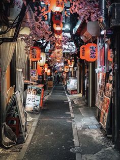 an alley with lanterns hanging from it's ceiling and trees in blooming overhangs