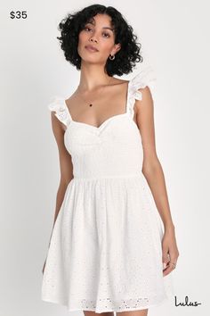 We meant it when we say we know you'll look absolutely adorable in the Lulus Sweetly Sincere White Ruffled Eyelet Embroidered Mini Dress! Lightweight woven fabric boasts floral eyelet embroidery throughout as it shapes ruffled straps and a smocked bodice with a sweetheart neckline. Flirty open back features a single tie detail, sure to get all the compliments! Elasticized waist tops a skater-style skirt that finishes at a mini hem. Fit: This garment fits true to size. Length: Mid-thigh. Size med Cute Fitted Dresses With Broderie Anglaise, Cute Fitted Broderie Anglaise Dress, Flirty Cotton Dress With Ruffled Straps, Cute Dresses With Smocked Bodice For Brunch, Cute Dress With Ruffled Straps For Day Out, Cute Day Out Dress With Ruffled Straps, White Mini Dress With Ruffled Straps, Cute Style, Embroidered Mini Dress, Eyelet Embroidery