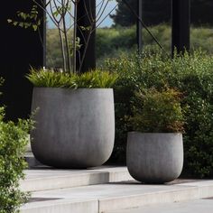 two large cement planters sitting on top of steps