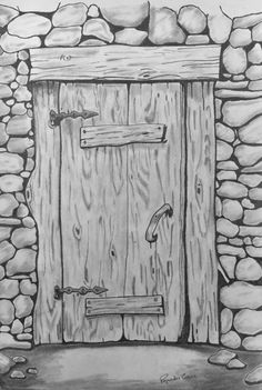 a pencil drawing of a door in a stone wall