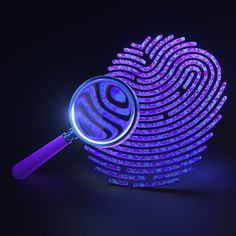 a magnifying glass sitting on top of a purple fingerprint pattern in the dark