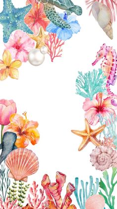 watercolor painting of sea animals and seashells