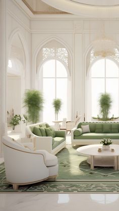 a large living room with green and white furniture in the center, along with potted plants