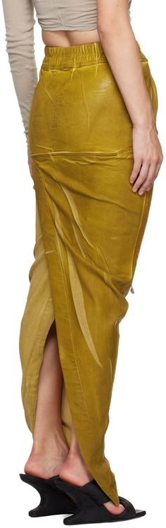 Overdyed and foil-coated lightweight stretch denim maxi skirt. · ZDHC-certified · Drawstring at elasticized poplin waistband · Two-pocket styling · Slit at back hem Supplier color: Ochre Rick Owens Drkshdw, Denim Maxi, Denim Maxi Skirt, Rick Owens, Stretch Denim, Maxi Skirt, Foil, Skirt, Yellow