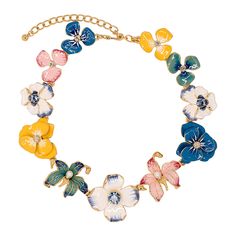 Product Description: This gold and colorful enamel flower-bedecked necklace is the perfect way to add an 'exclamation point' to your outfit. Closed with an adjustable fish hook closure.  ﻿Style Number: 9283NM White Flower Ring, Blue Flower Necklace, Yellow Orchid, Exclamation Point, Hook Necklace, Dogwood Flowers, China Blue, Coral Flowers, Blue China