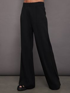 Pin Tuck Knit Pant - Black Chic Sweatpants For Lounging With Elastic Waistband, Chic Sweatpants With Elastic Waistband For Lounging, Chic Wide Leg Lounging Pants With Elastic Waistband, Chic Wide Leg Pants With Elastic Waistband For Lounging, Chic Stretch Wide Leg Lounge Pants, Chic Stretch Wide Leg Pants For Lounging, Chic Stretch Pants For Lounging, Chic Lounging Pants In Solid Color, Black Wide-leg Lounging Pants